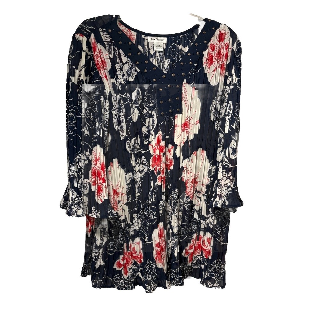 CW Classics Womens Top L Pleated Tunic 3/4 Flair Sl Blue Red Wh Floral Boho Chic